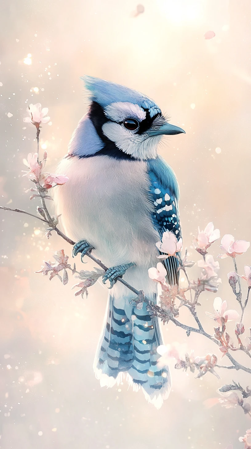 幻想的なイラストの花咲く枝にとまるアオカケス