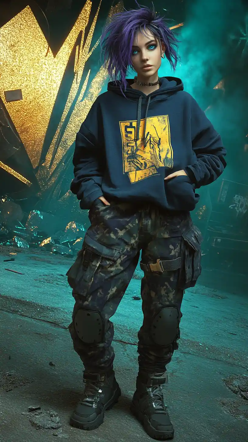 Anime woman in tactical streetwear under glowing urban graffiti