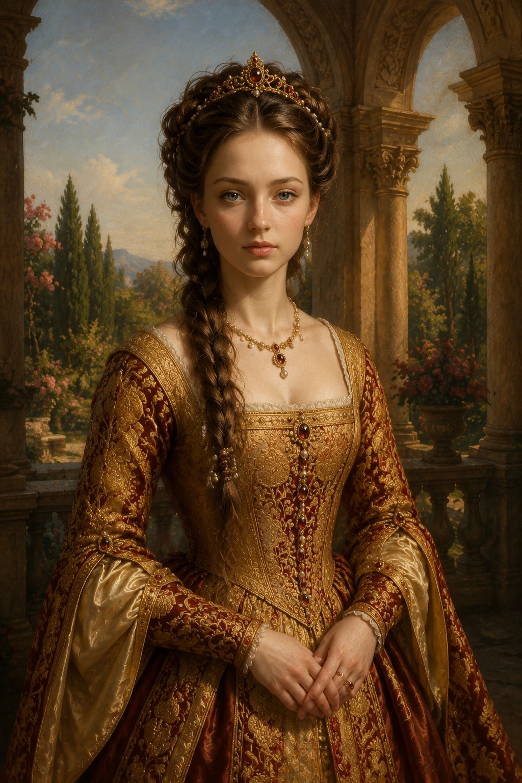Renaissance portrait of a young girl on a grand terrace