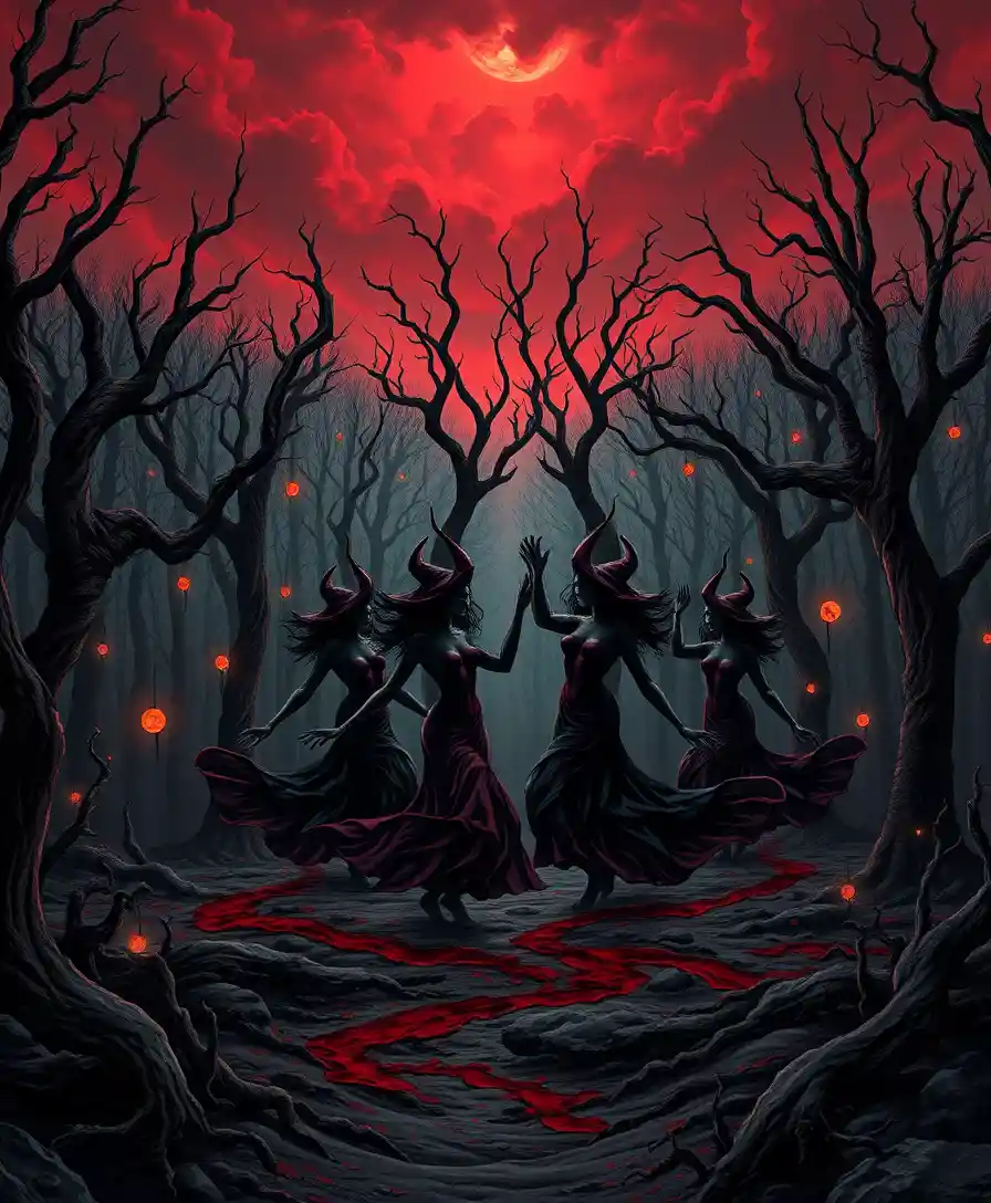 Witches dancing in a bleeding dark forest under red skies