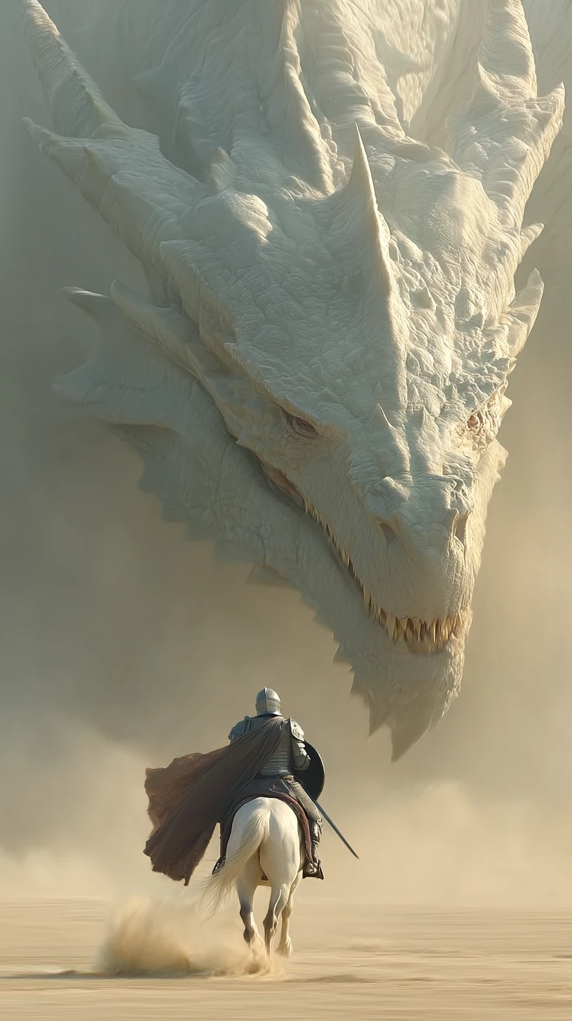Knight on armored warhorse charging a colossal dragon