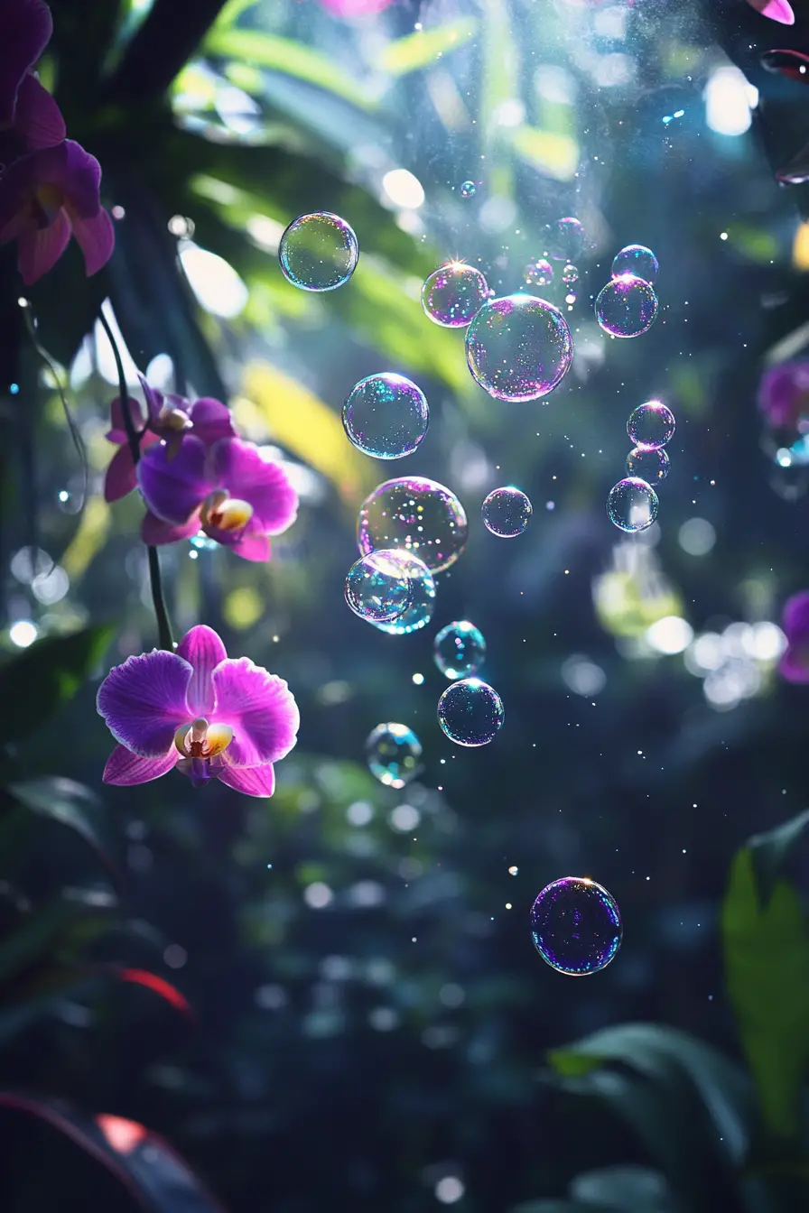 Orquídea Brillante en una Selva Nebulosa con Burbujas Flotantes