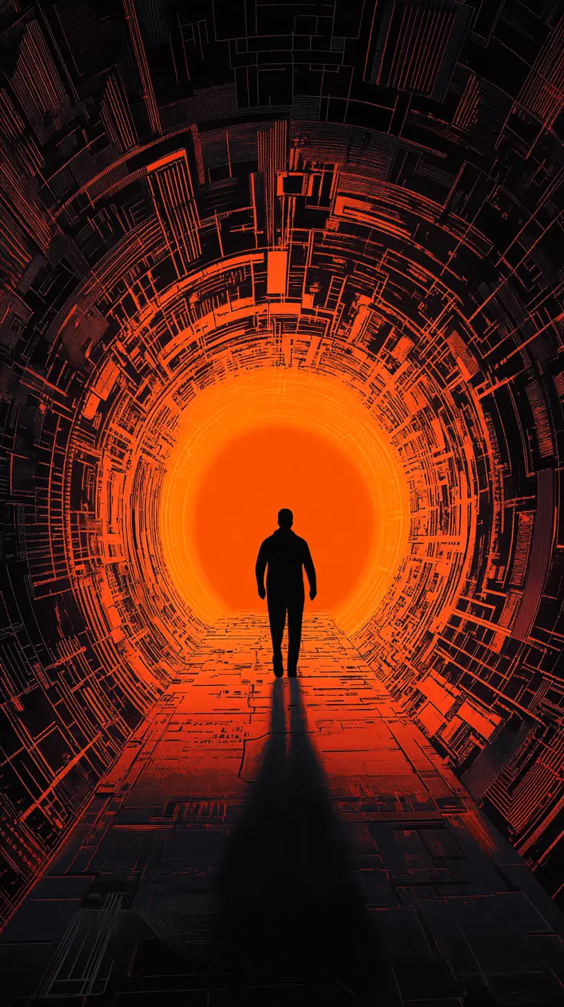 Silhouetted figure walking toward glowing orange tunnel light