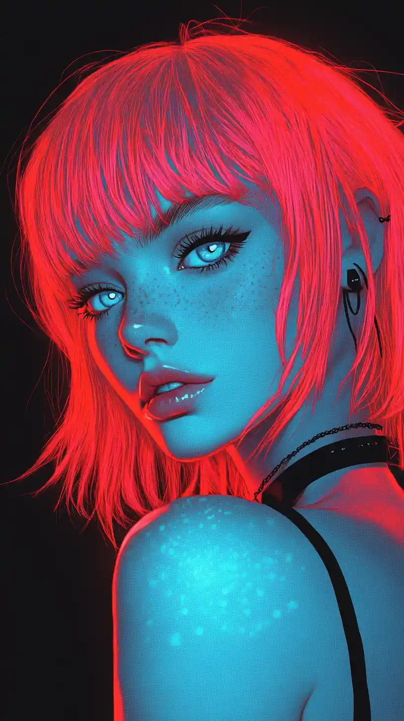 Neon haired anime woman in cyber noir close up portrait