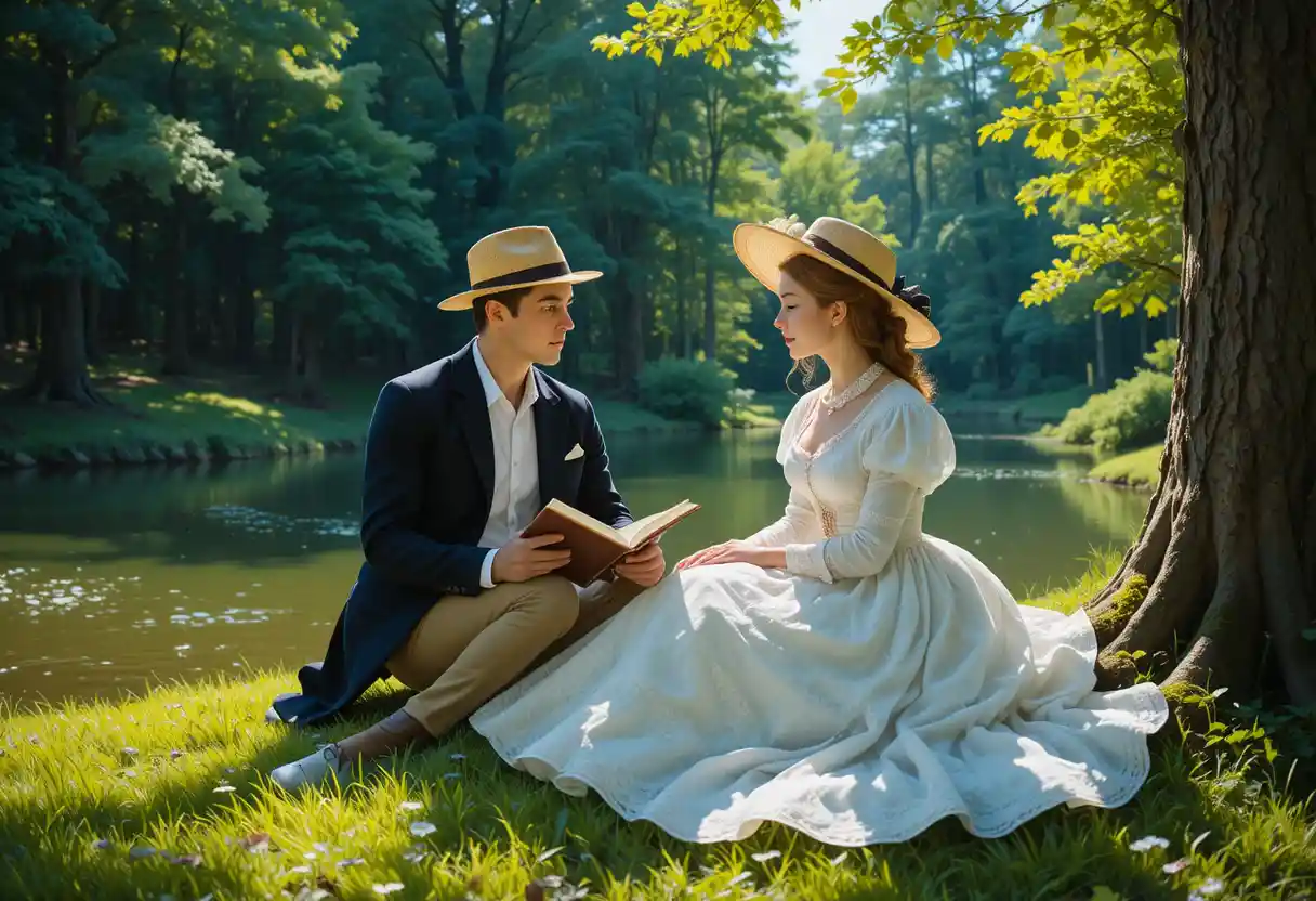 Victorian couple reading together by a quiet forest pond