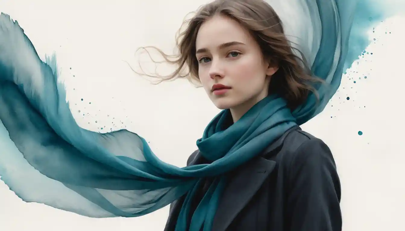 Watercolor portrait of a young woman in teal coat