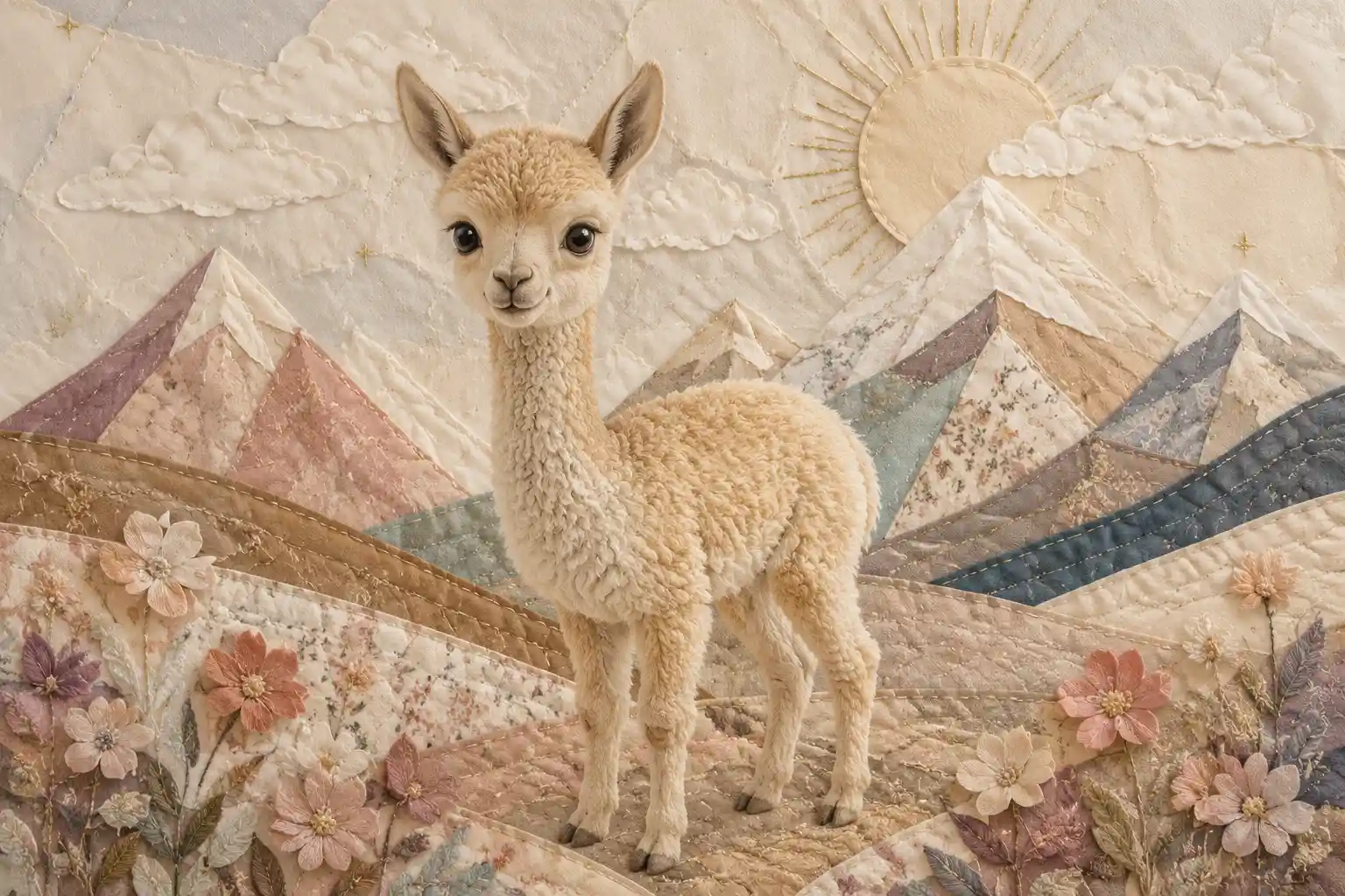 Papercraft collage of a fluffy baby llama in mountains