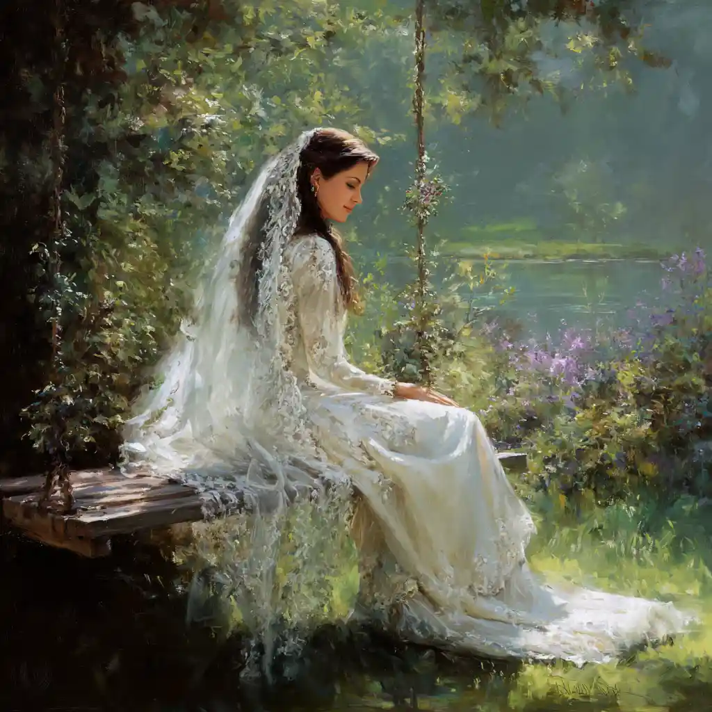 Young bride on a wooden swing in a sunny park