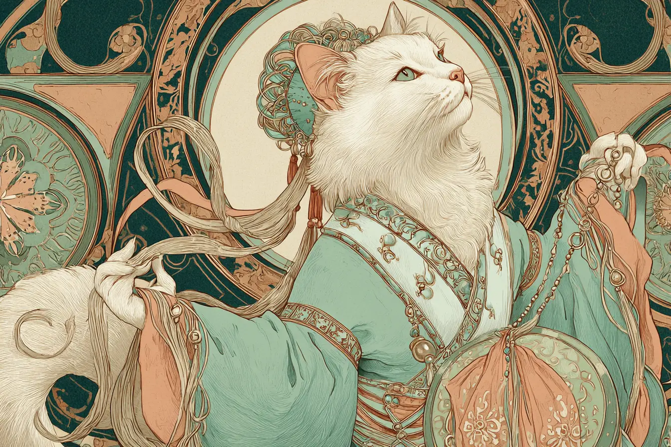 Art nouveau cat with tambourine in elegant robes