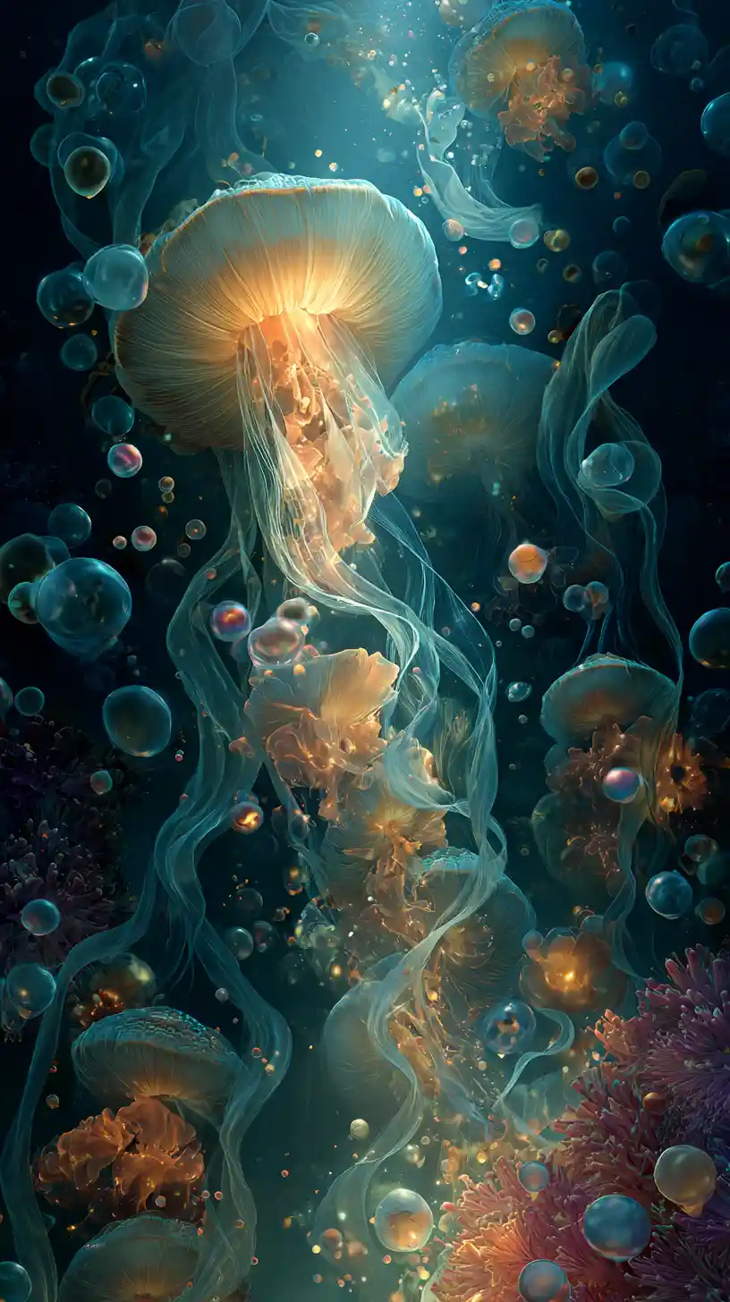 Afrofuturistic water deity rising from glowing ocean depths