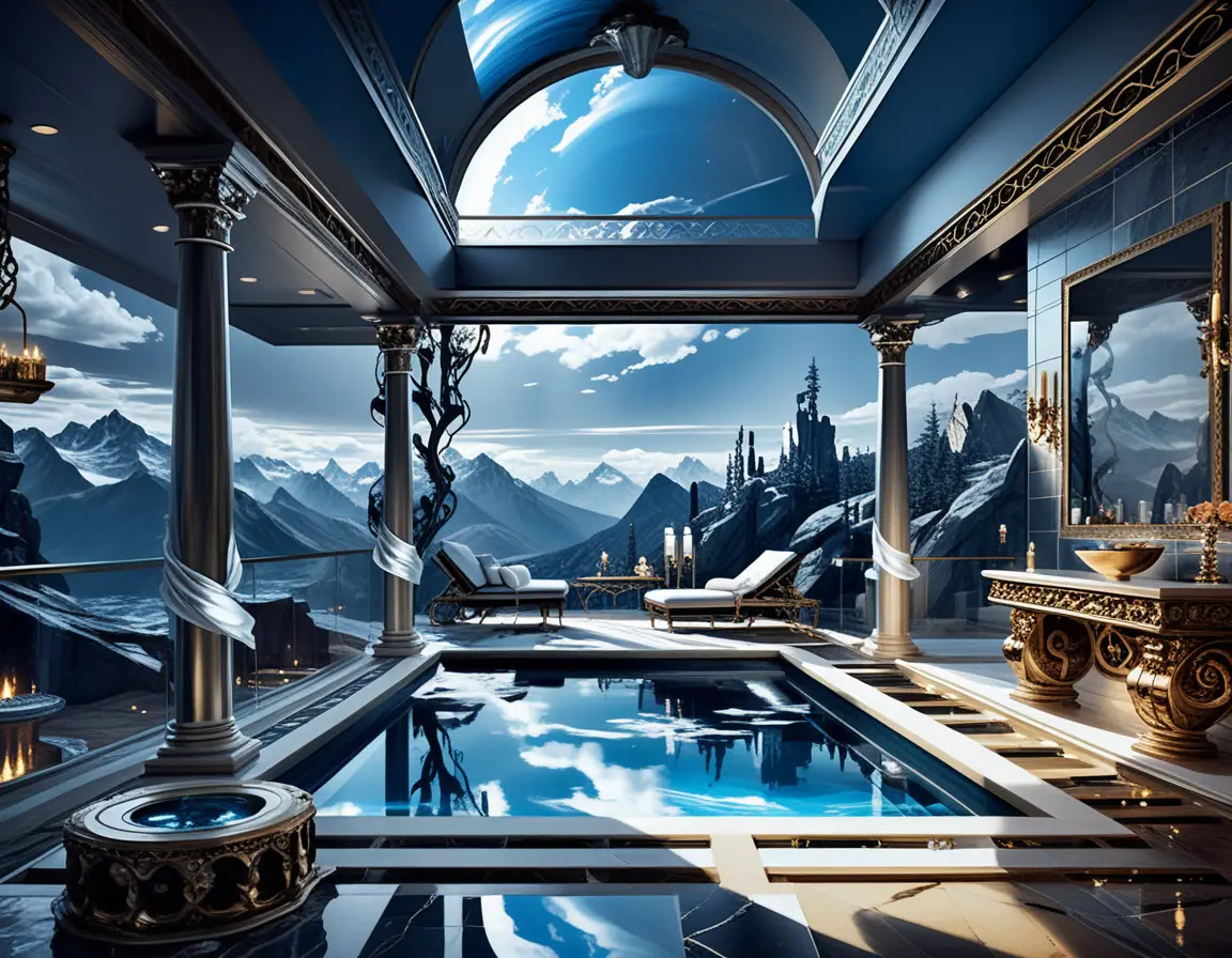 Luxury penthouse infinity pool above dramatic mountain landscape