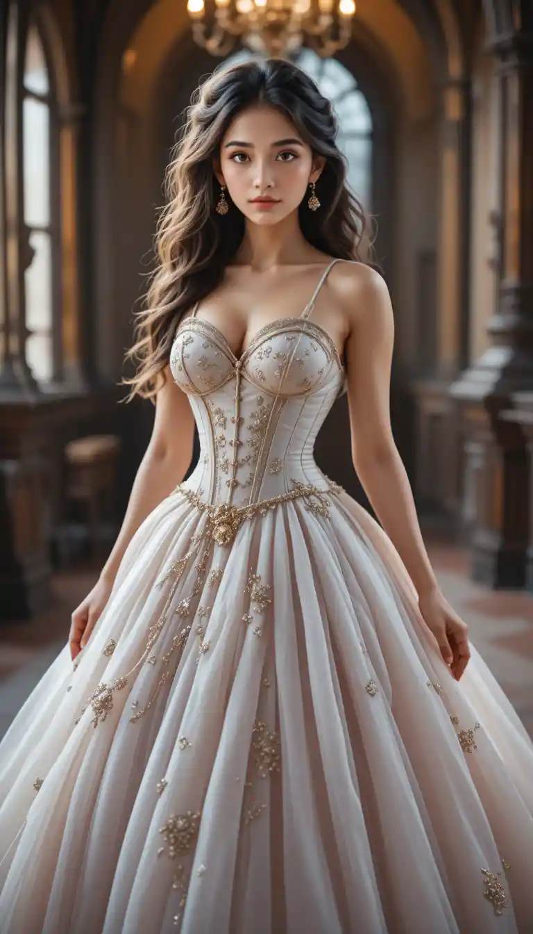 Elegant woman in corseted ball gown in gothic interior