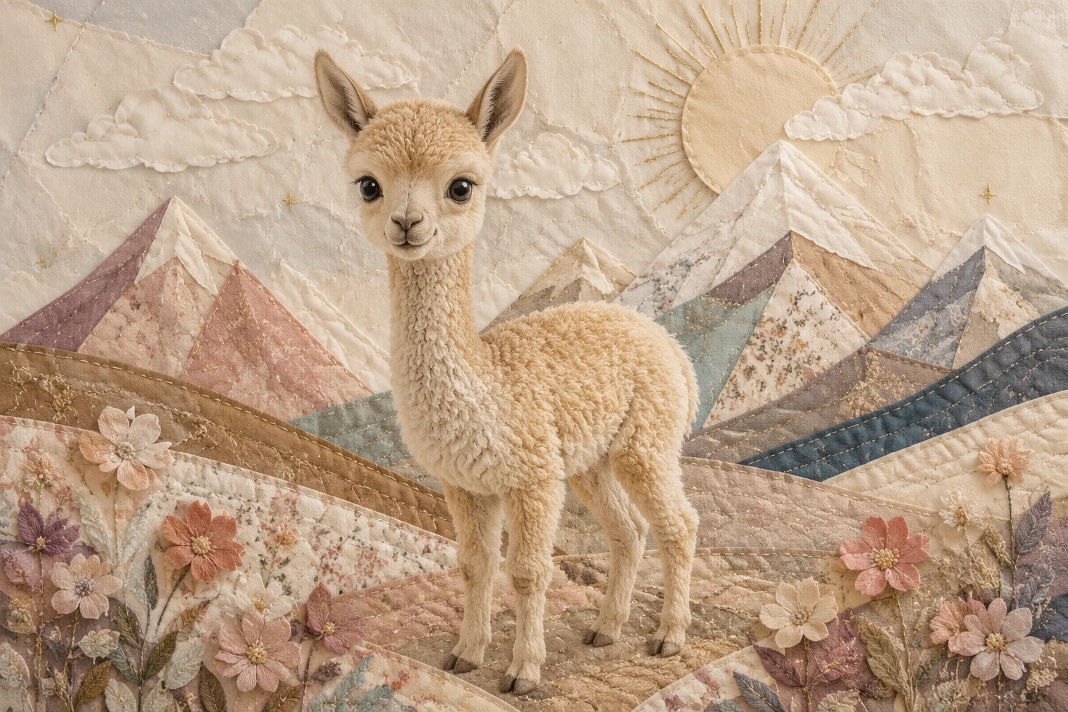 Collage de papercraft de una cría de llama esponjosa en las montañas