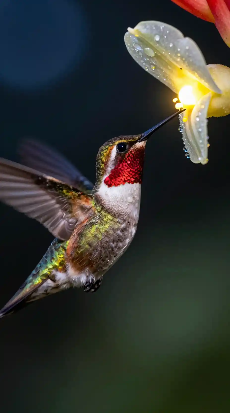 Ruby throated hummingbird with glowing tropical flower
