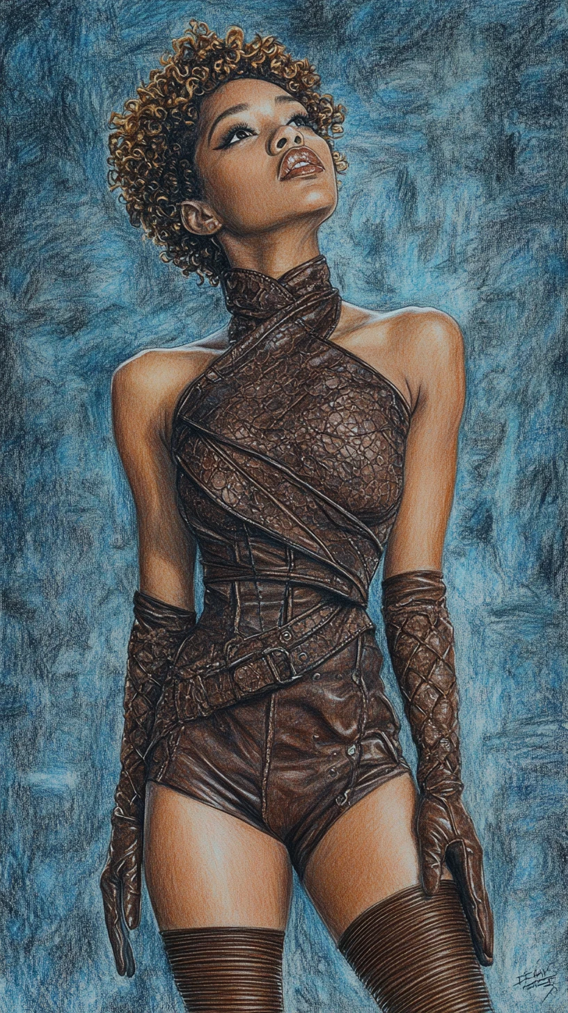 Confident young Black woman in brown leather mini dress