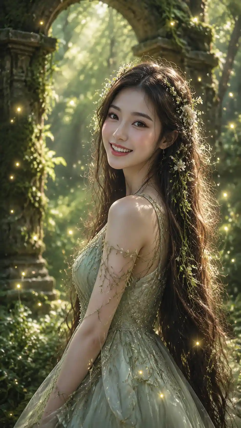 Ethereal Asian woman in pale green gown in forest
