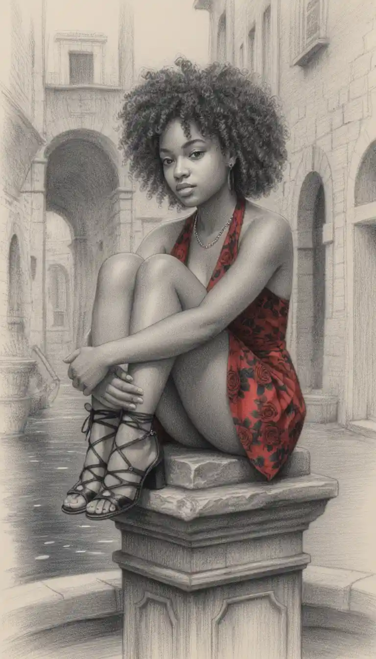 Sensual woman by stone fountain in colored pencil illustration