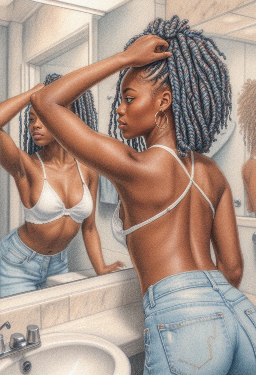 Young woman adjusting braids before a bathroom mirror