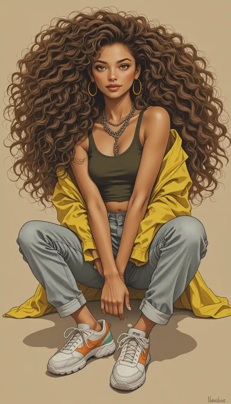 Femme stylée assise en pose large avec des cheveux bouclés volumineux