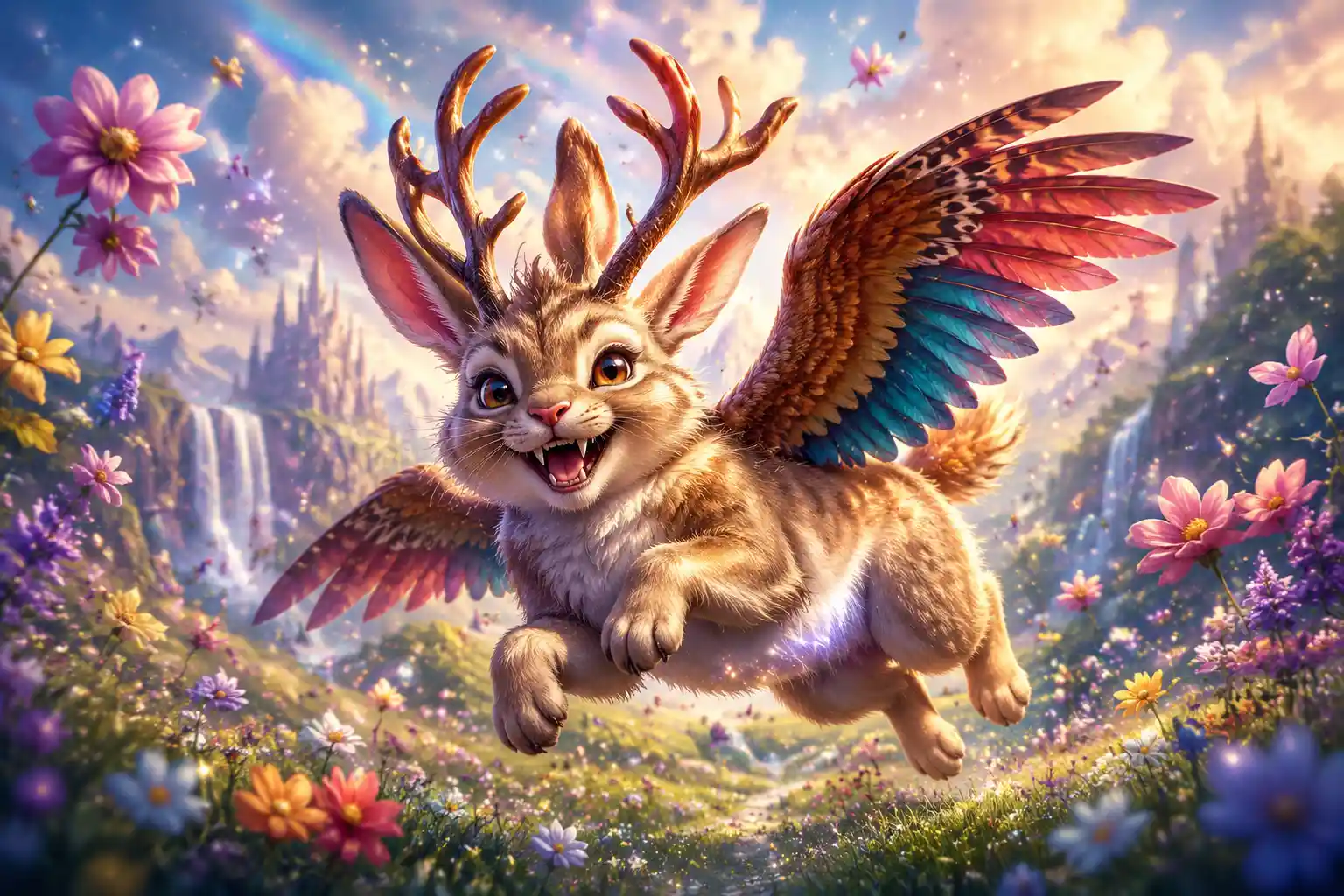 Cheerful chimera hopping through an enchanted glowing meadow