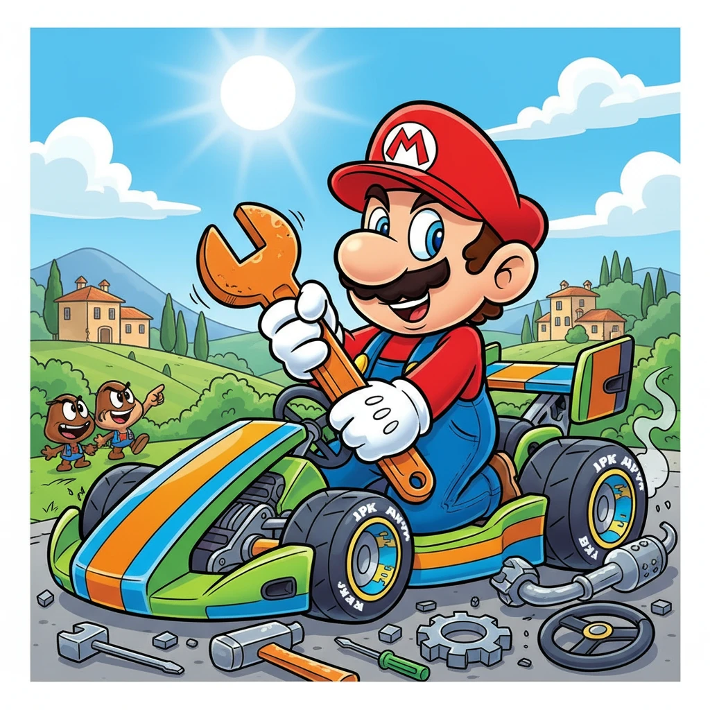 Mecánico de dibujos animados juguetón junto a un colorido kart de carreras