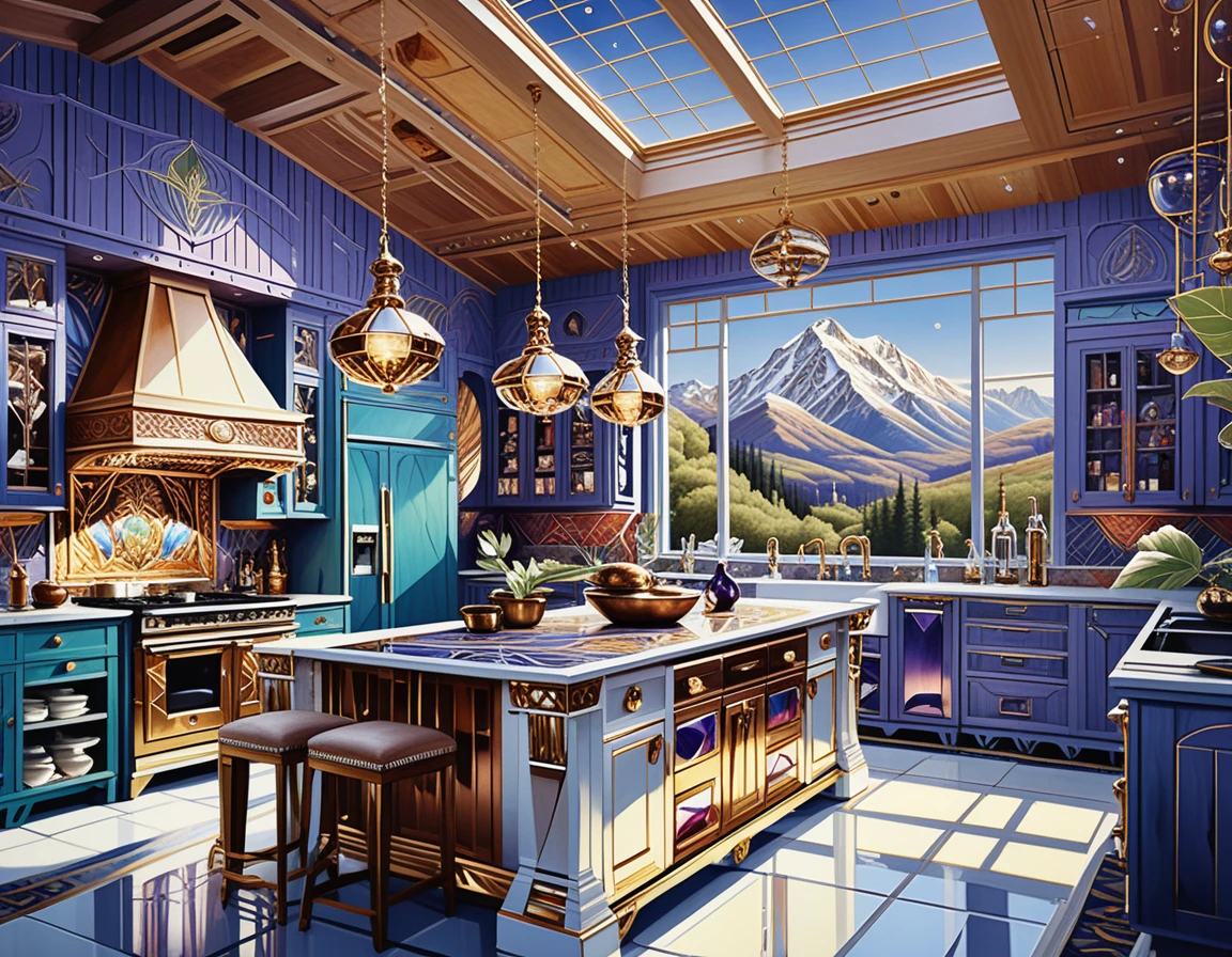 Colorful boho fantasy kitchen with skylights and crystals
