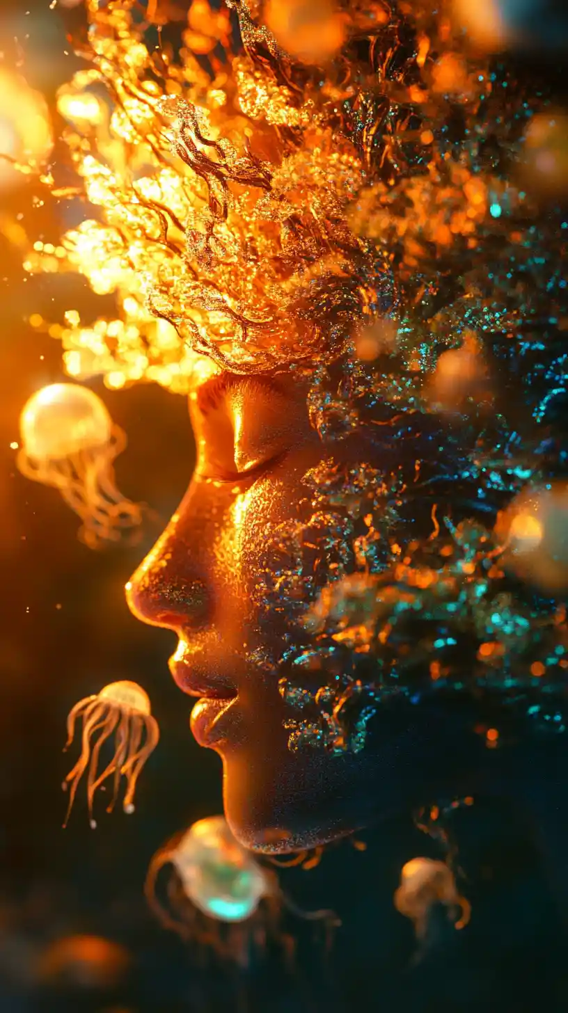 Afrofuturistic water deity rising from the deep ocean