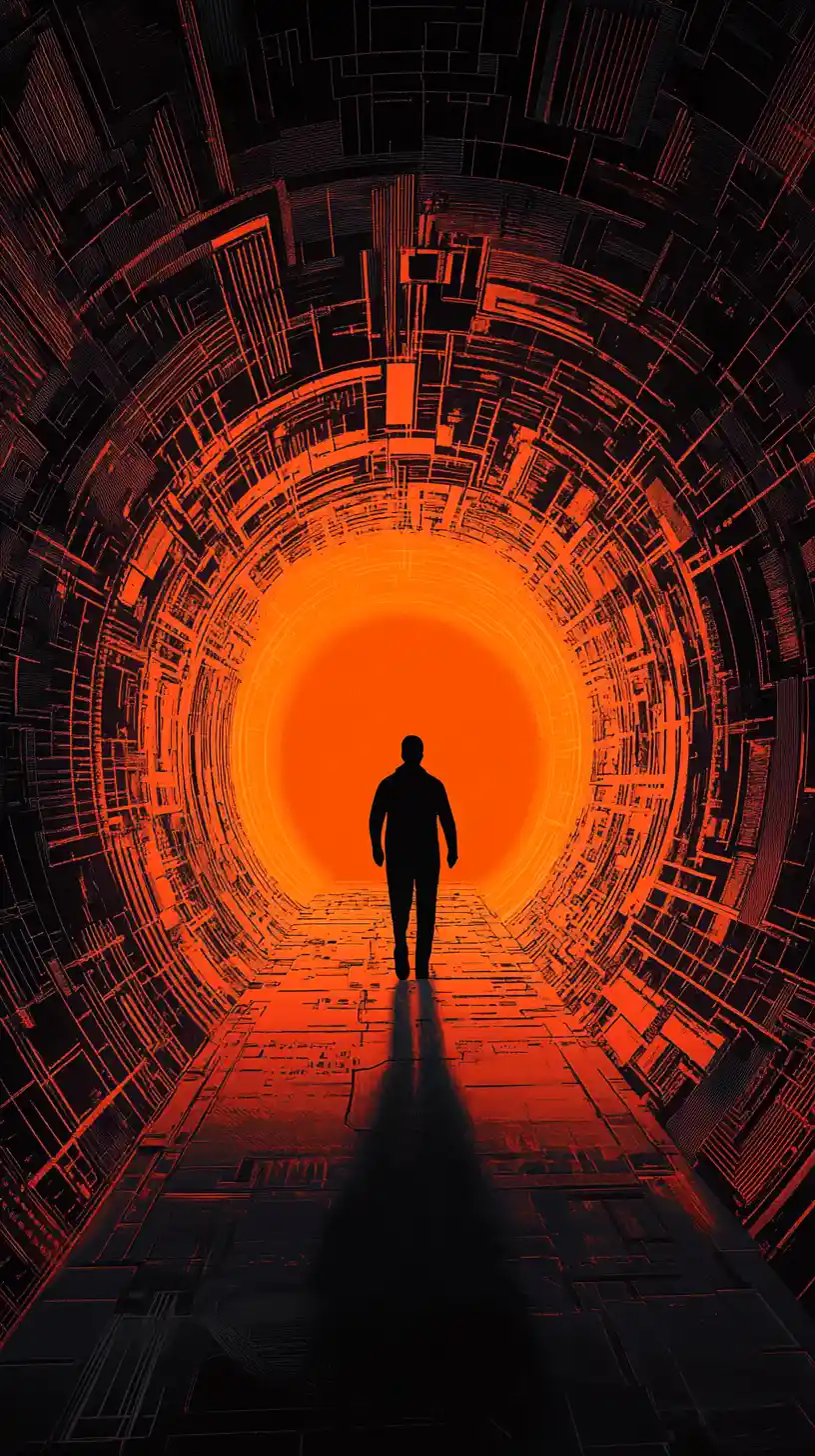 Silhouetted figure walking toward glowing orange tunnel light