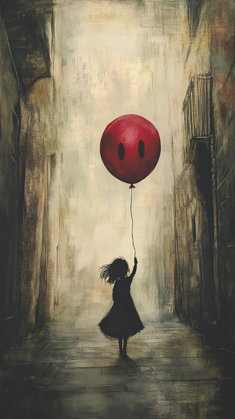 Girl on empty street with single red balloon companion
