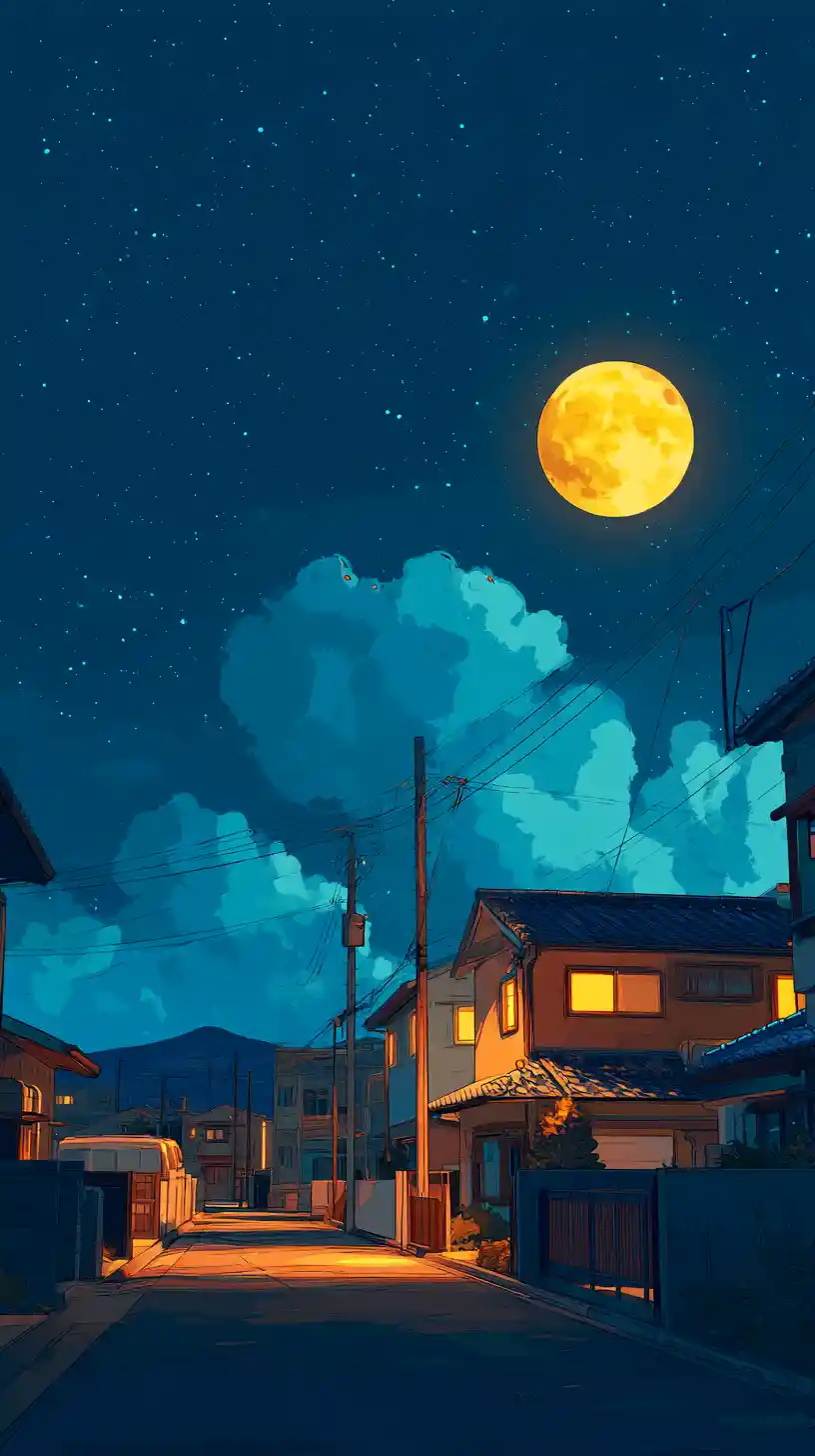 Quiet Japanese neighborhood street under a glowing night sky
