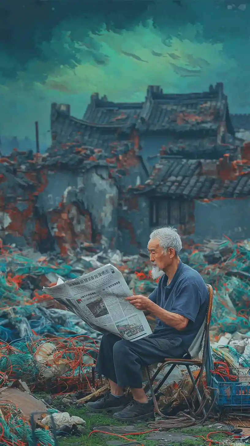 Old man reading a newspaper among bombed neighborhood ruins