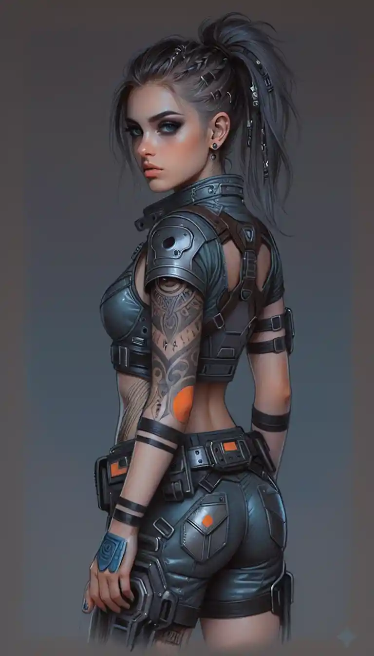 Cyberpunk warrior woman in colored pencil full body portrait