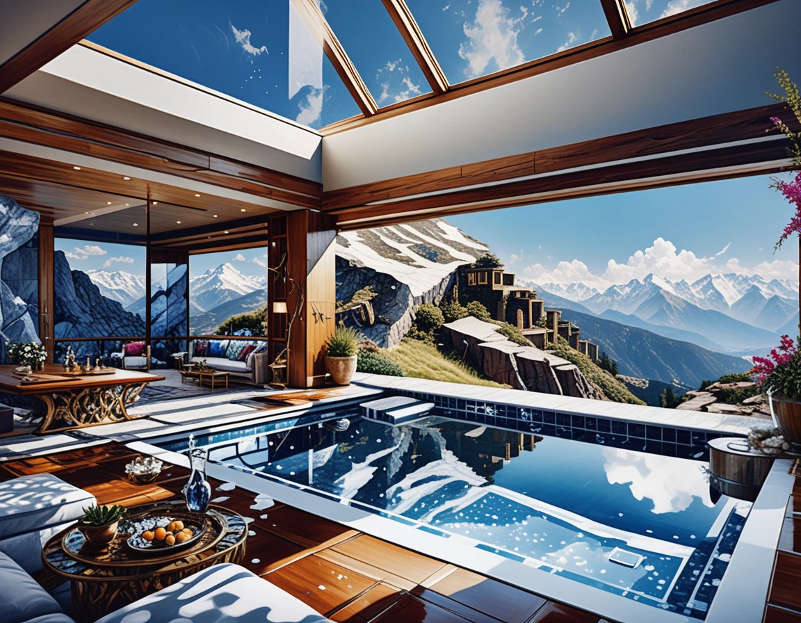 Luxury penthouse infinity pool over rocky mountain landscape