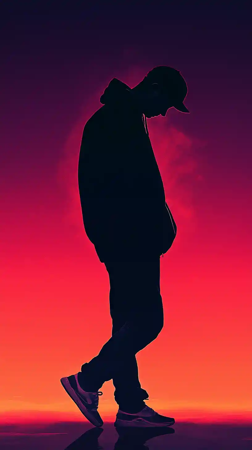 Silhouetted man walking under a vibrant gradient sky