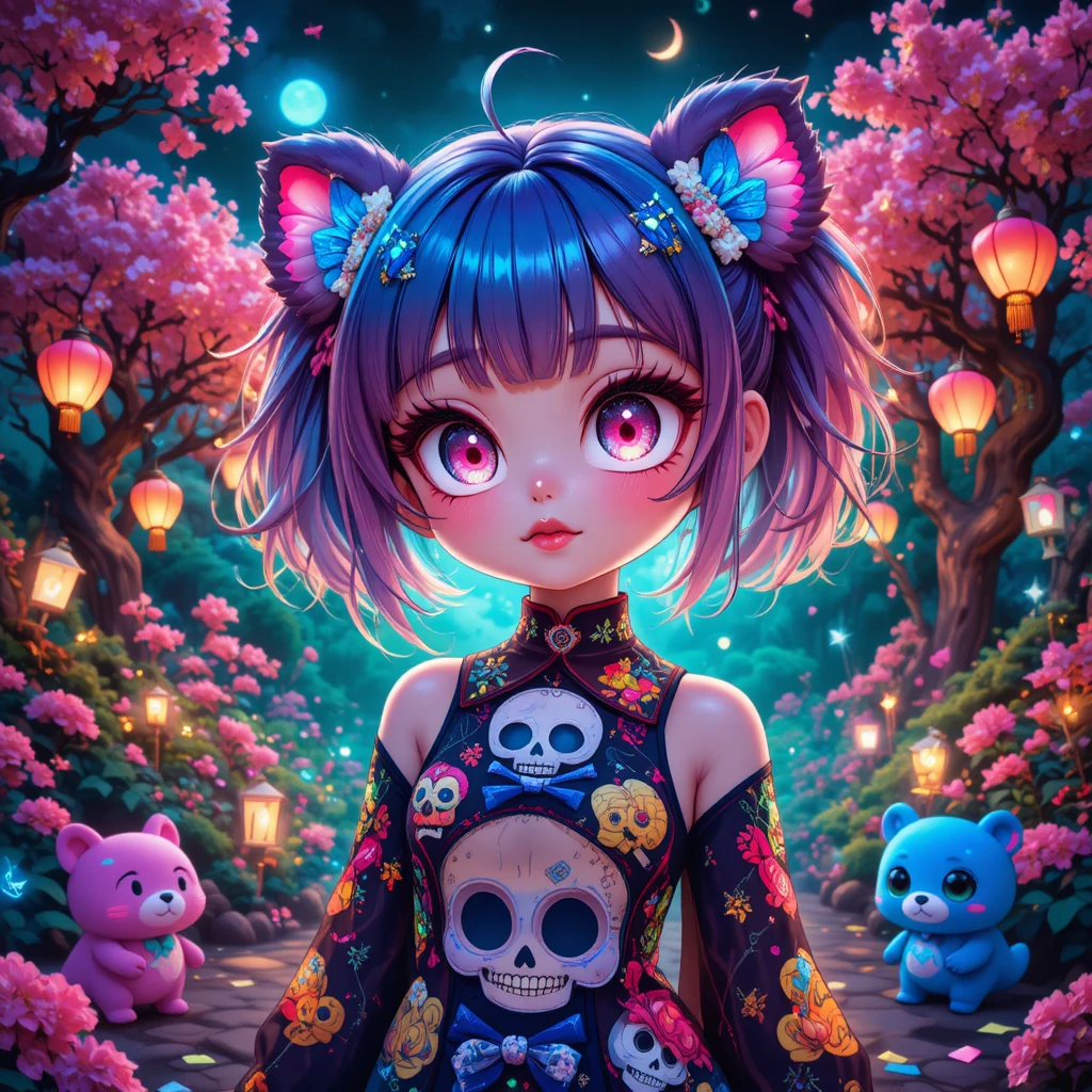 Anime girl in neon fantasy garden with cute dark motifs