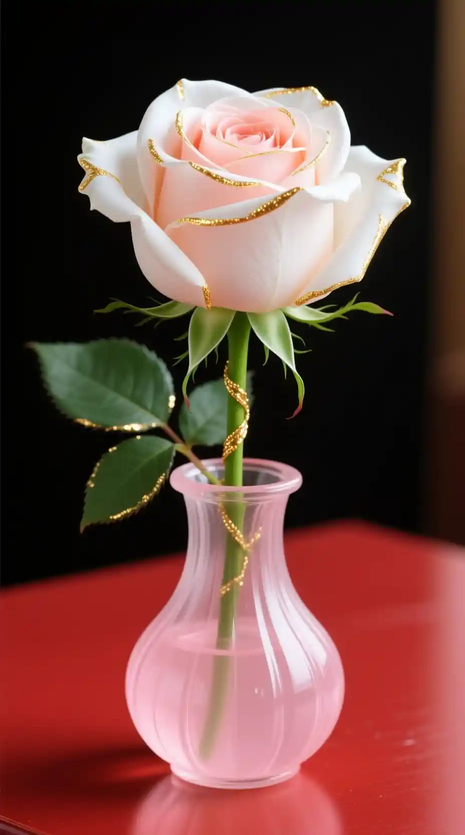Single white rose with gold accents in pink glass vase