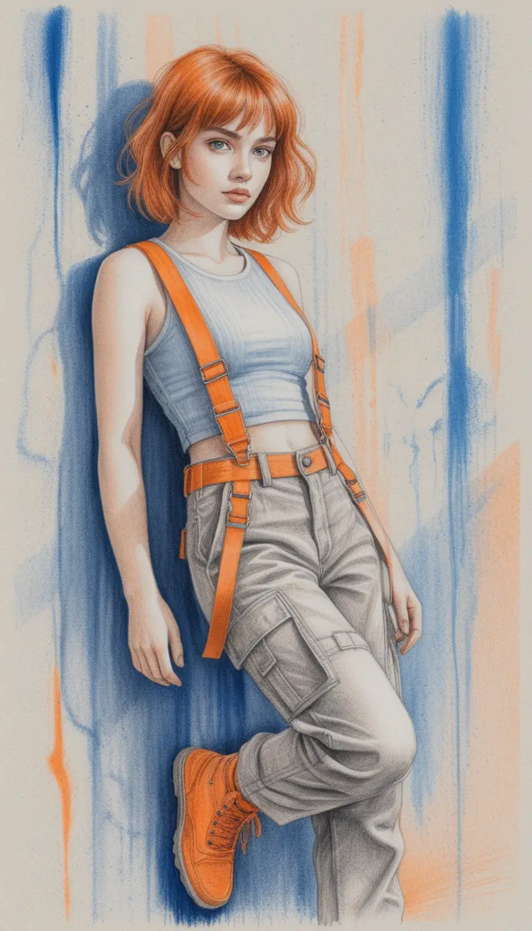 Anime style woman in tactical outfit against concrete wall
