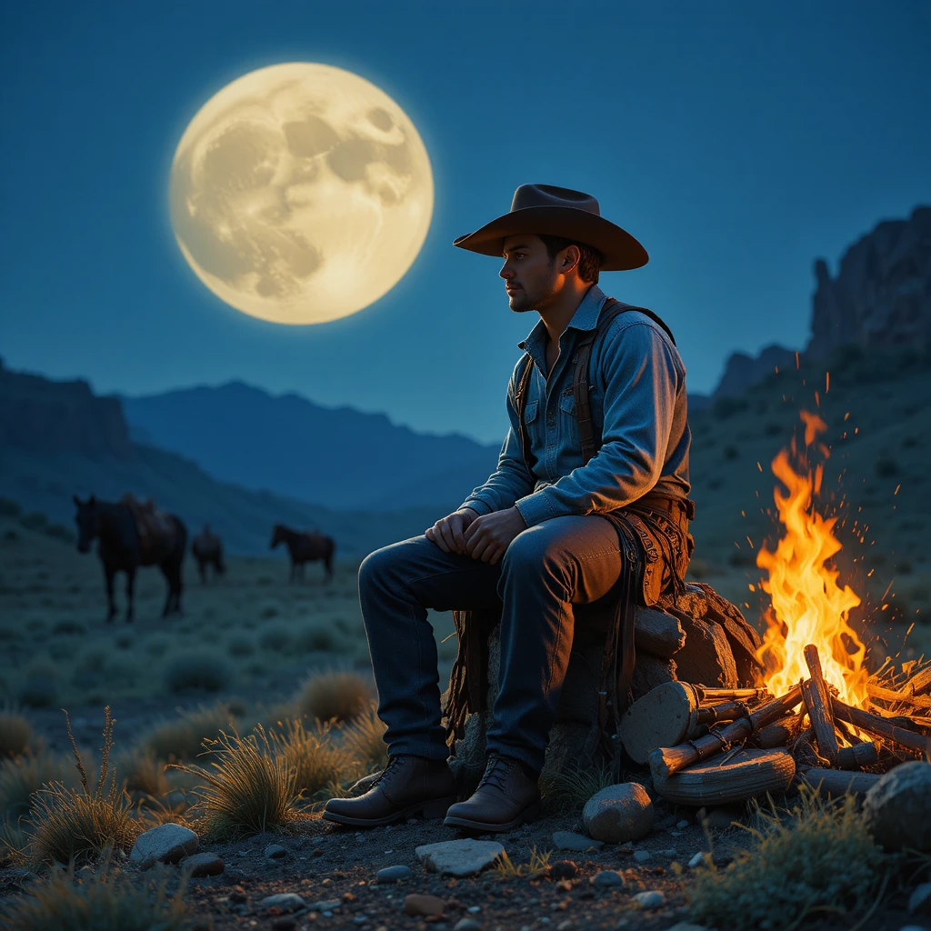 Young cowboy on the open range with horse and cattle