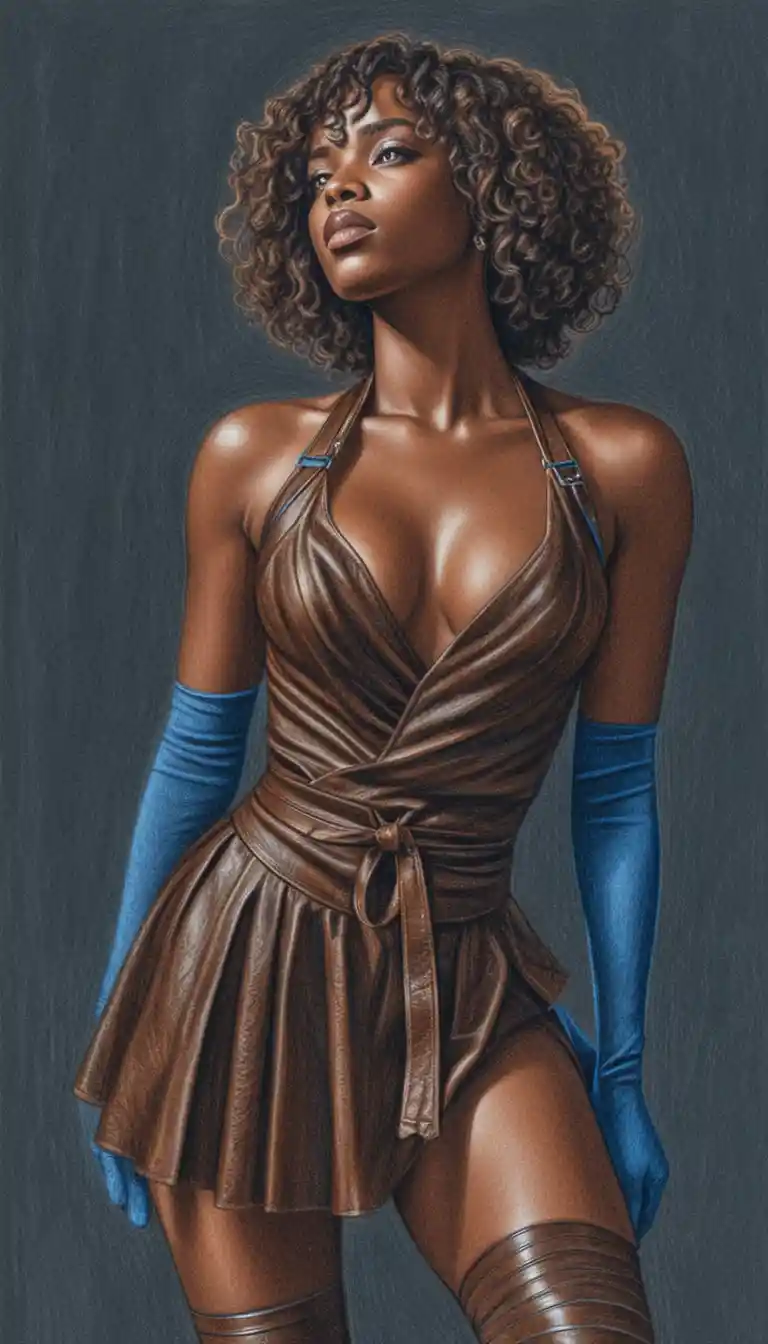 Confident young woman in brown leather dress illustration