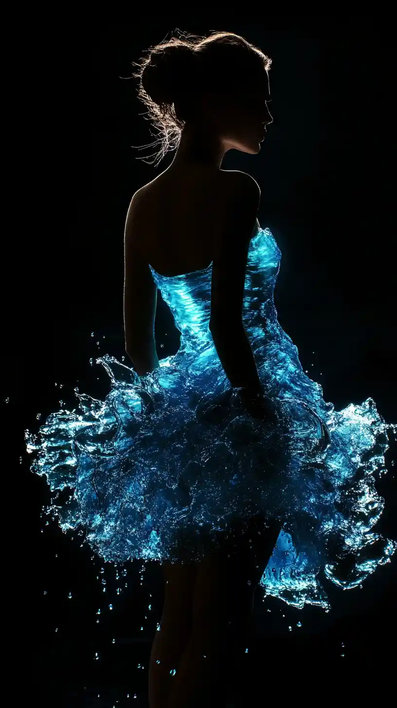Woman in glowing blue water dress against black background