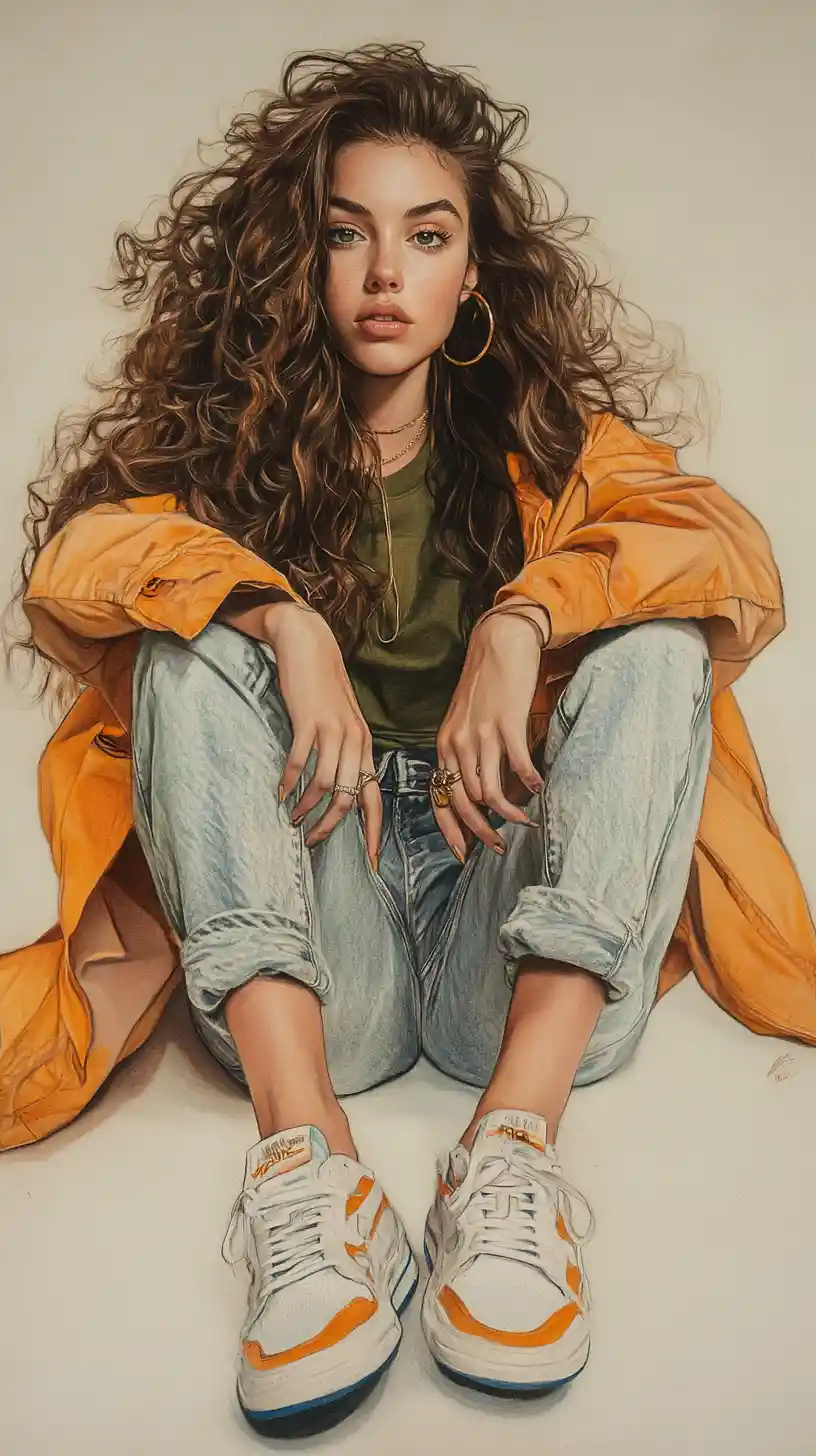 Seated woman with curly hair in casual streetwear