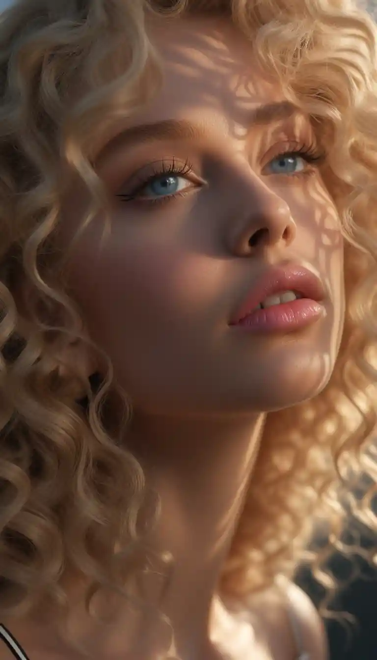 Close up portrait of blonde girl in dramatic sunlight