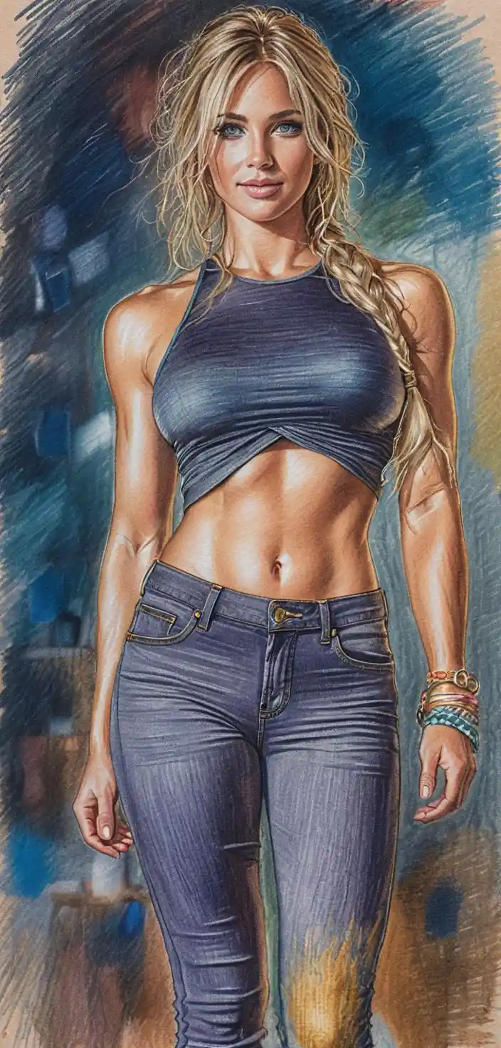 Athletic blonde woman in turquoise top in full body portrait