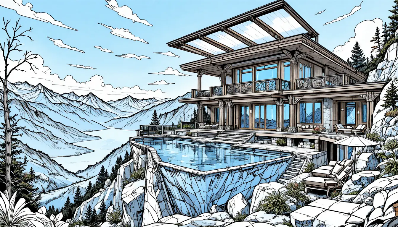 Luxury mountain estate with sky pool above rocky peaks