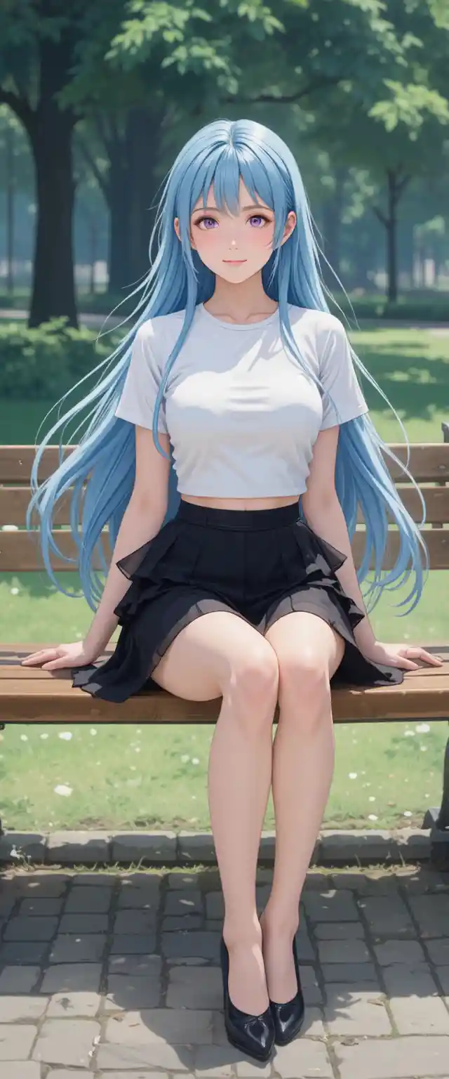 Anime girl with blue hair sitting on a park bench