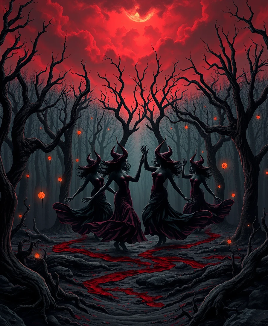 Witches dancing in a bleeding dark forest under red skies