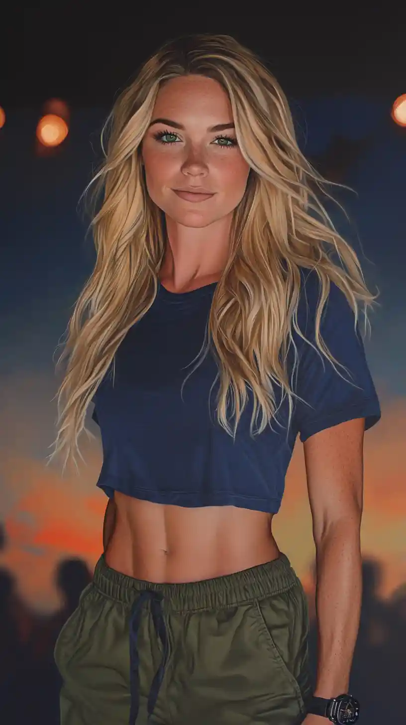 Fit blonde woman in crop top colored pencil illustration