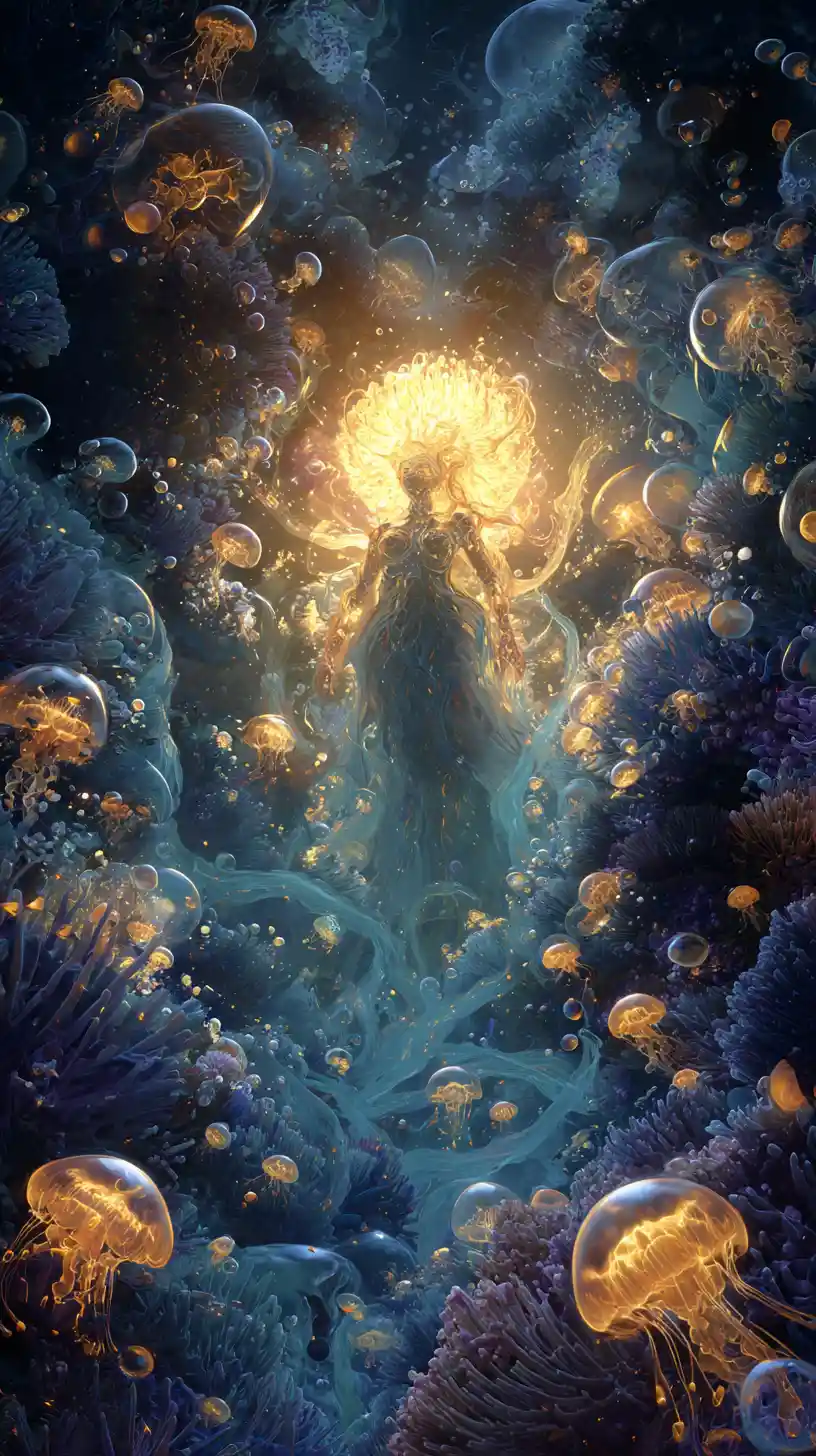 Afrofuturistic water deity rising from glowing ocean depths