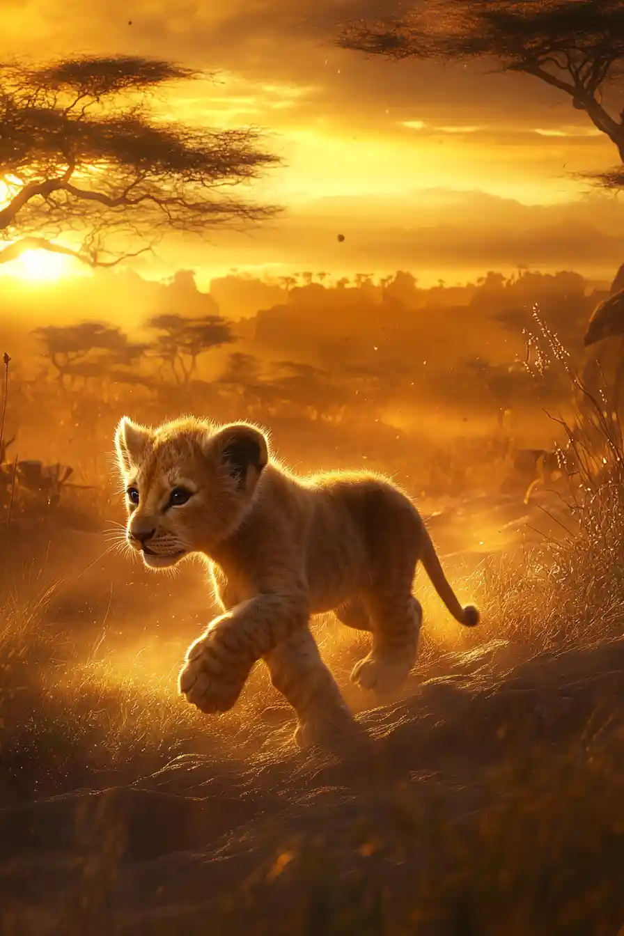 Young lion crossing golden savanna at sunrise