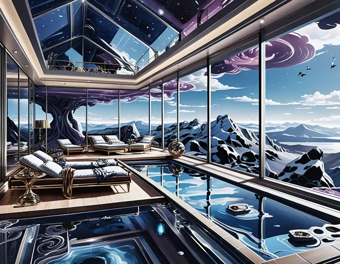 Luxury penthouse with glass infinity pool in rocky mountains
